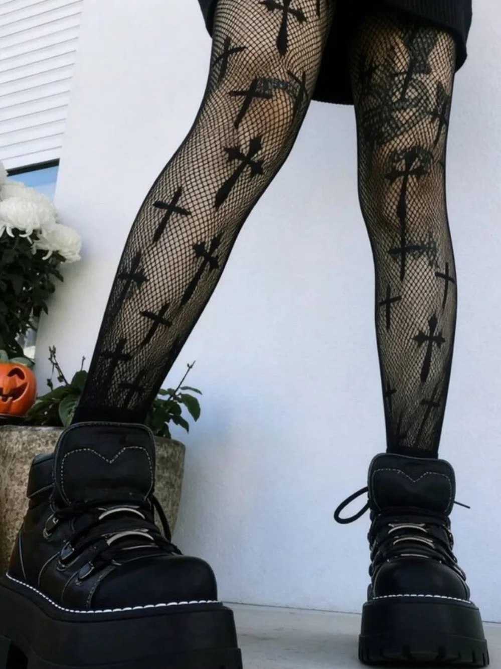 Black Cross Fishnet Tights
